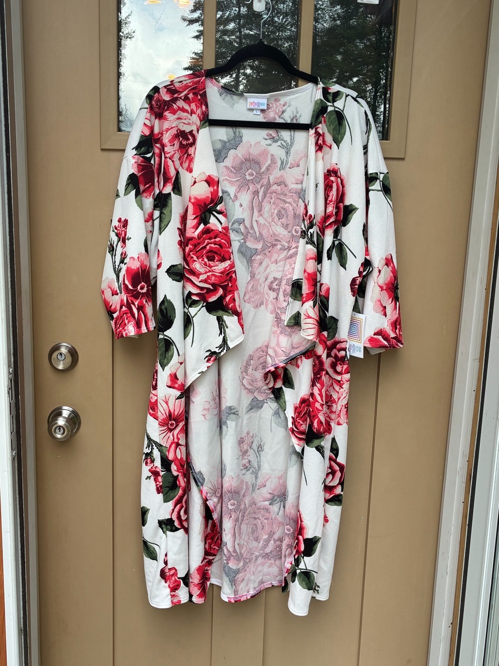 New LuLaRoe Shirley Open Front Floral Duster White with Pink Rose Women's Large